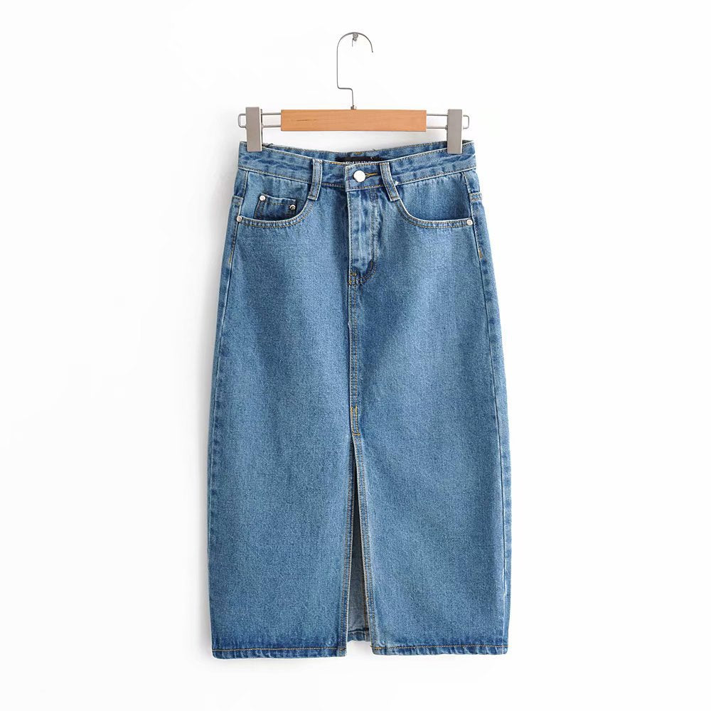 Split Hem Denim Skirt, Bodycon Denim Midi Skirt Pi-Mart