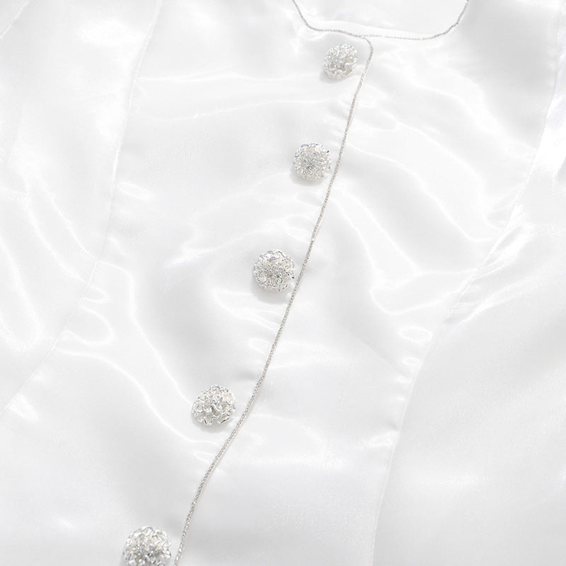 Round Neck Solid Color Single-breasted Lantern Sleeve Shirt NorixaFashion.com