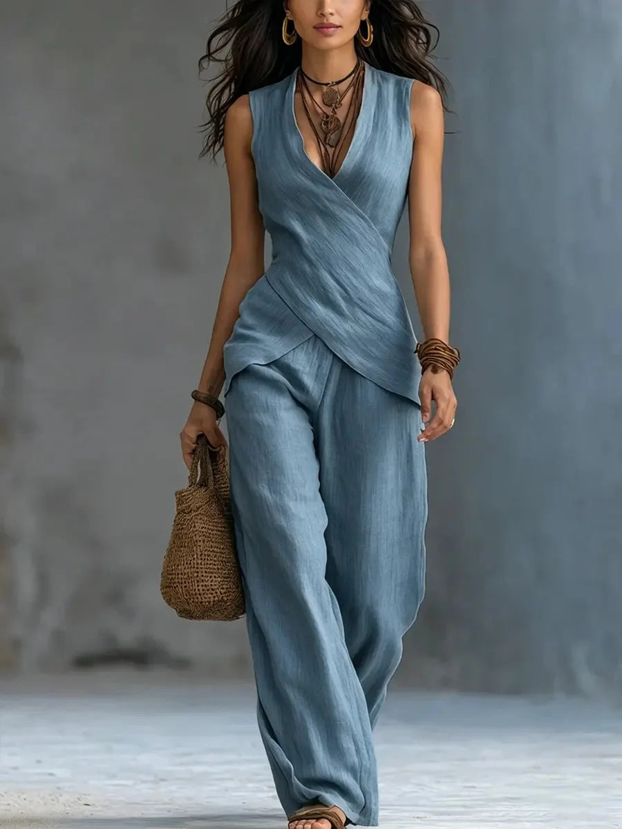 Cross-design Top Casual Shirt Wide-leg Pants Set For Women NorixaFashion.com