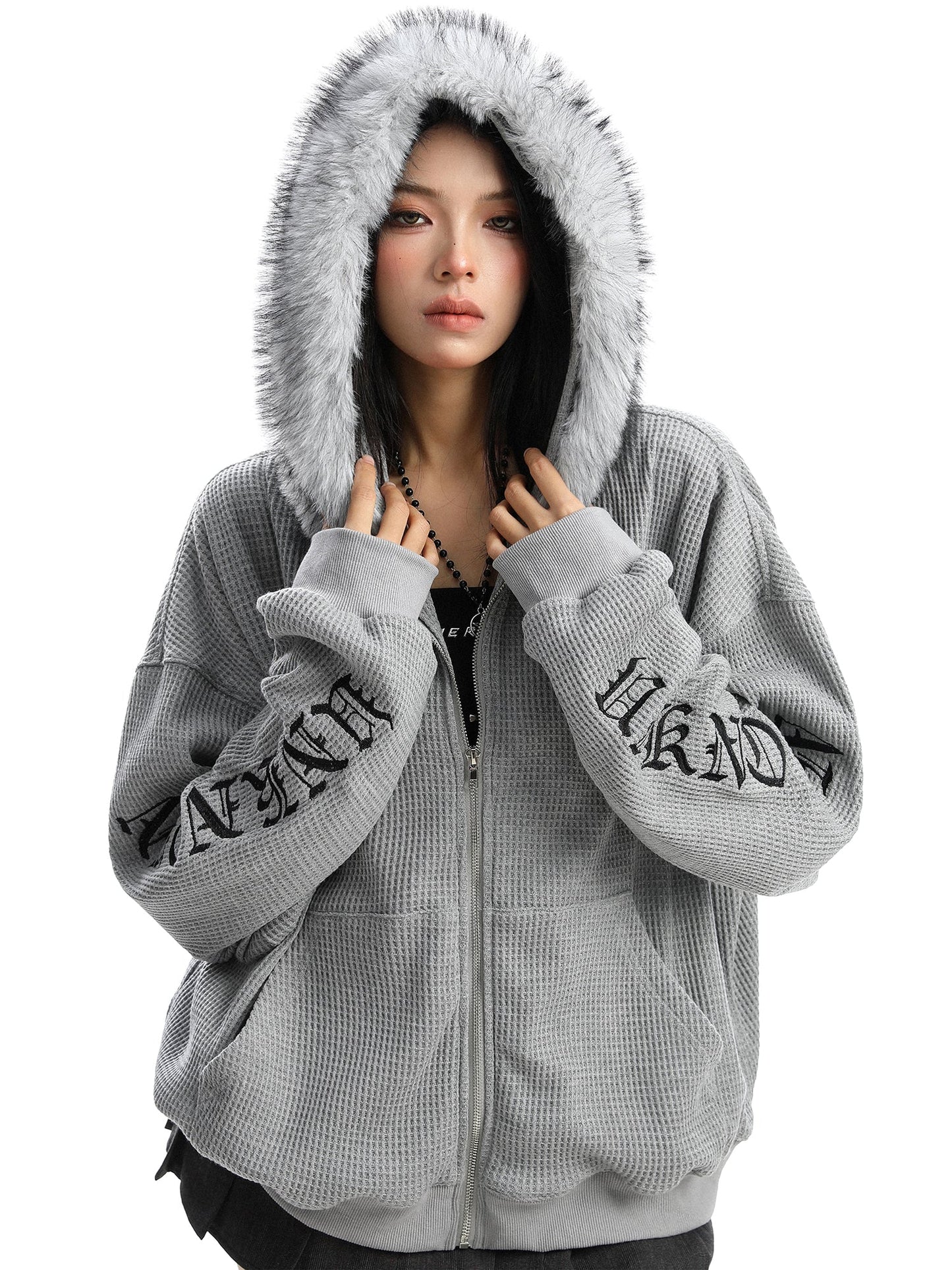 Cross Printed Hoodie Women's Fur Collar Baggy Coat Best YouTube Store