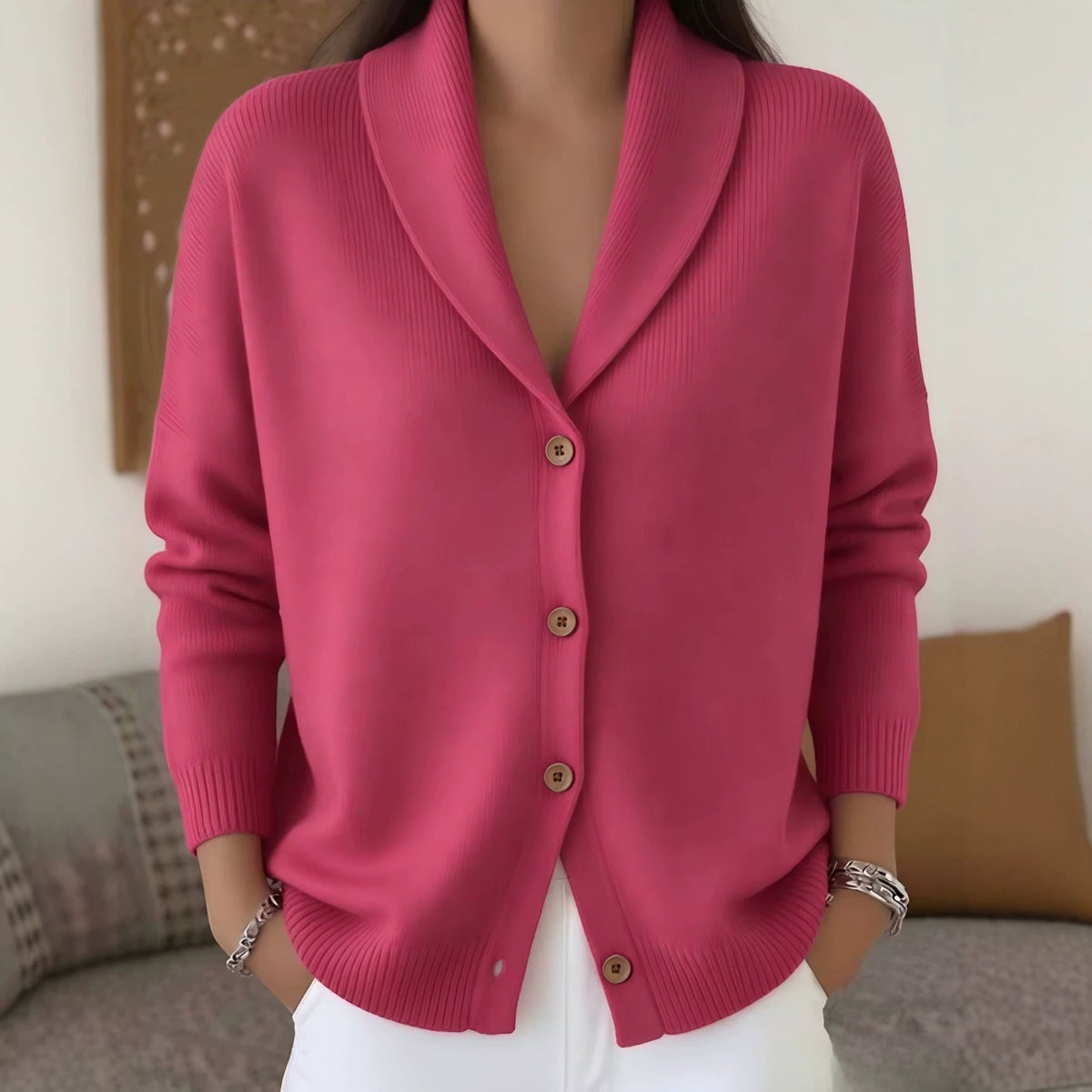 Womens Knitted Cardigan Loose-Fit Lazy Style Soft And Cozy Notch Lapel Solid Color Long-Sleeve Sweater NorixaFashion.com