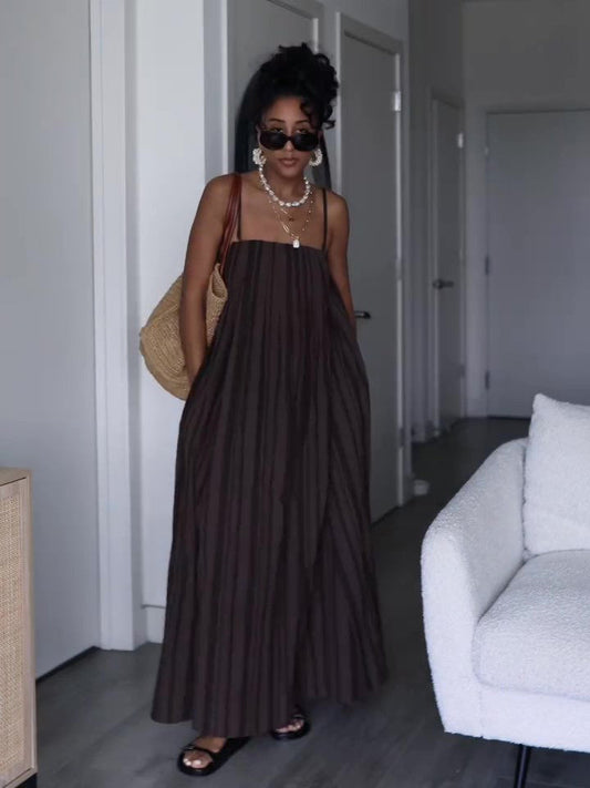 Brown Striped Suspender Pocket Loose Dress NorixaFashion.com