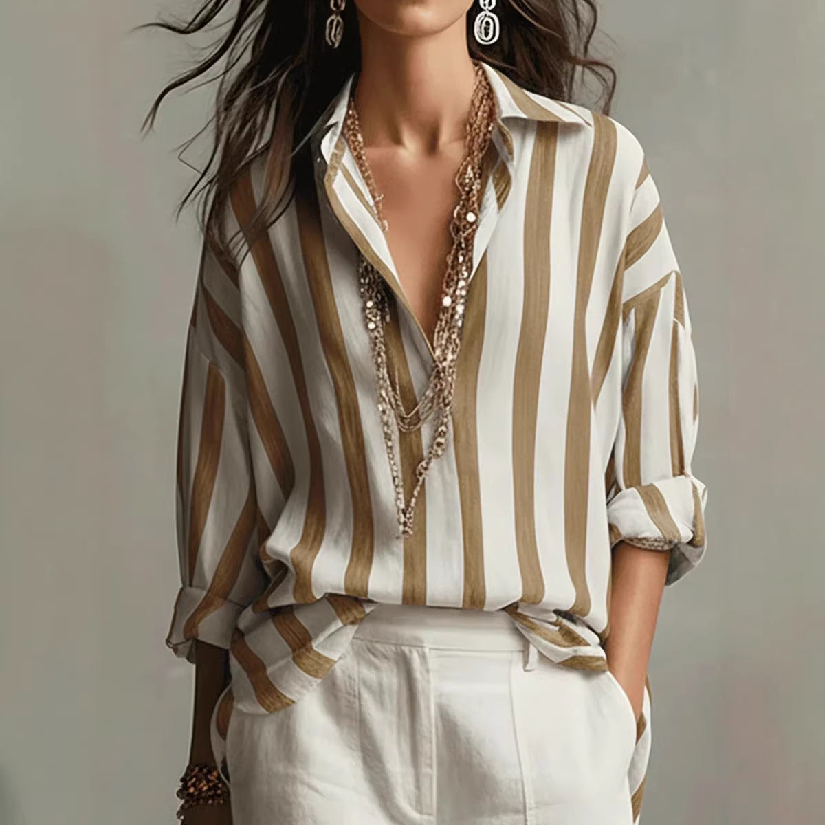 Striped Lapel Collar Loose-Fit Stylish Pullover Womens Blouse NorixaFashion.com