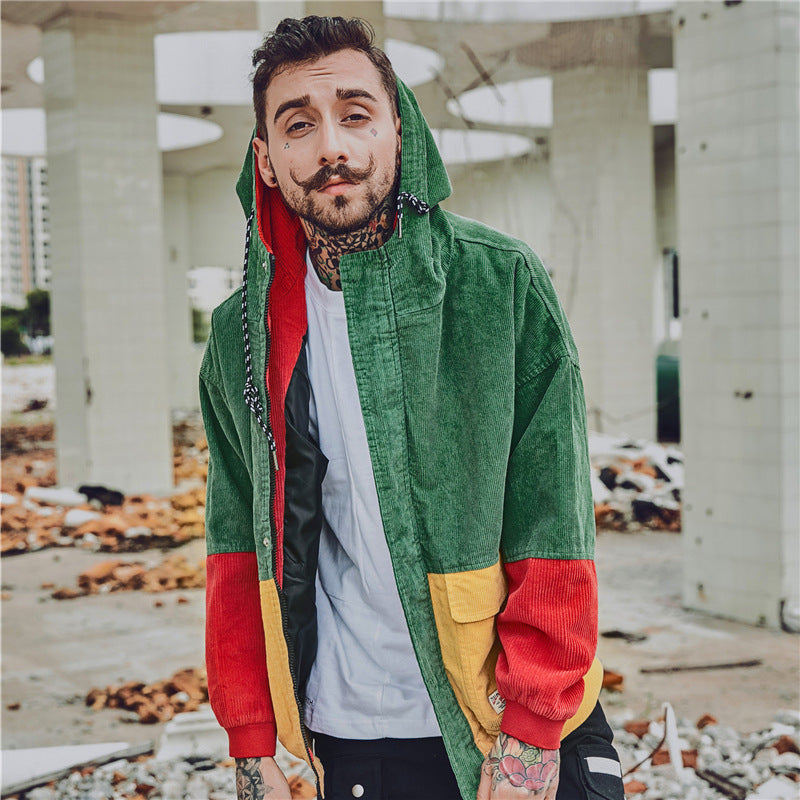 Corduroy Hip-Hop Patchwork Hooded Jacket for Couples Pi-Mart