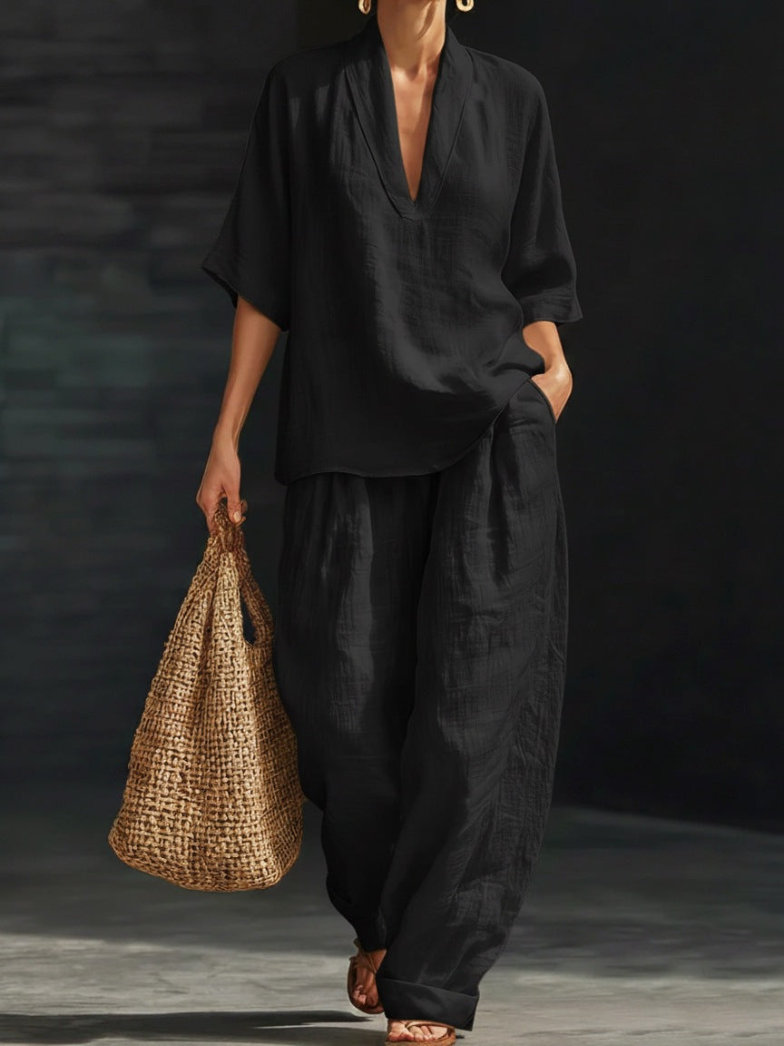 Women's Casual Simple Linen Two-Piece Set NorixaFashion.com