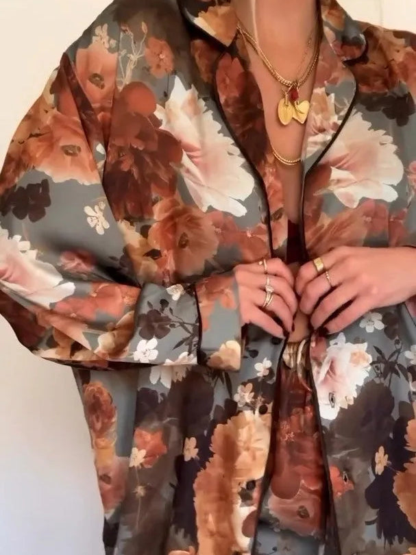 Vintage Floral Print Satin Pajama Set NorixaFashion.com