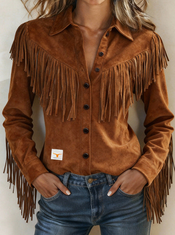 2026 Cross-Border European And American Style Fashion Tassel Suede Long-Sleeved Jacket NorixaFashion.com