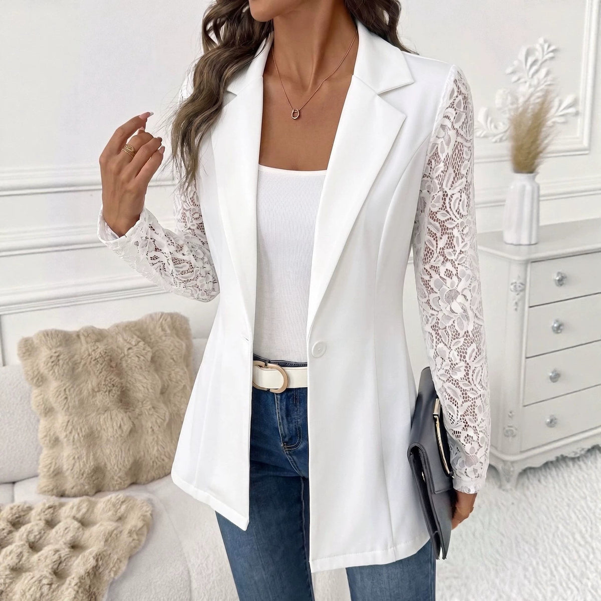 European And American Cross-border 2026 Autumn New Fashion Lapel Slim-fit One-button Blazer With Lace Long-sleeve Patchwork Jacket NorixaFashion.com