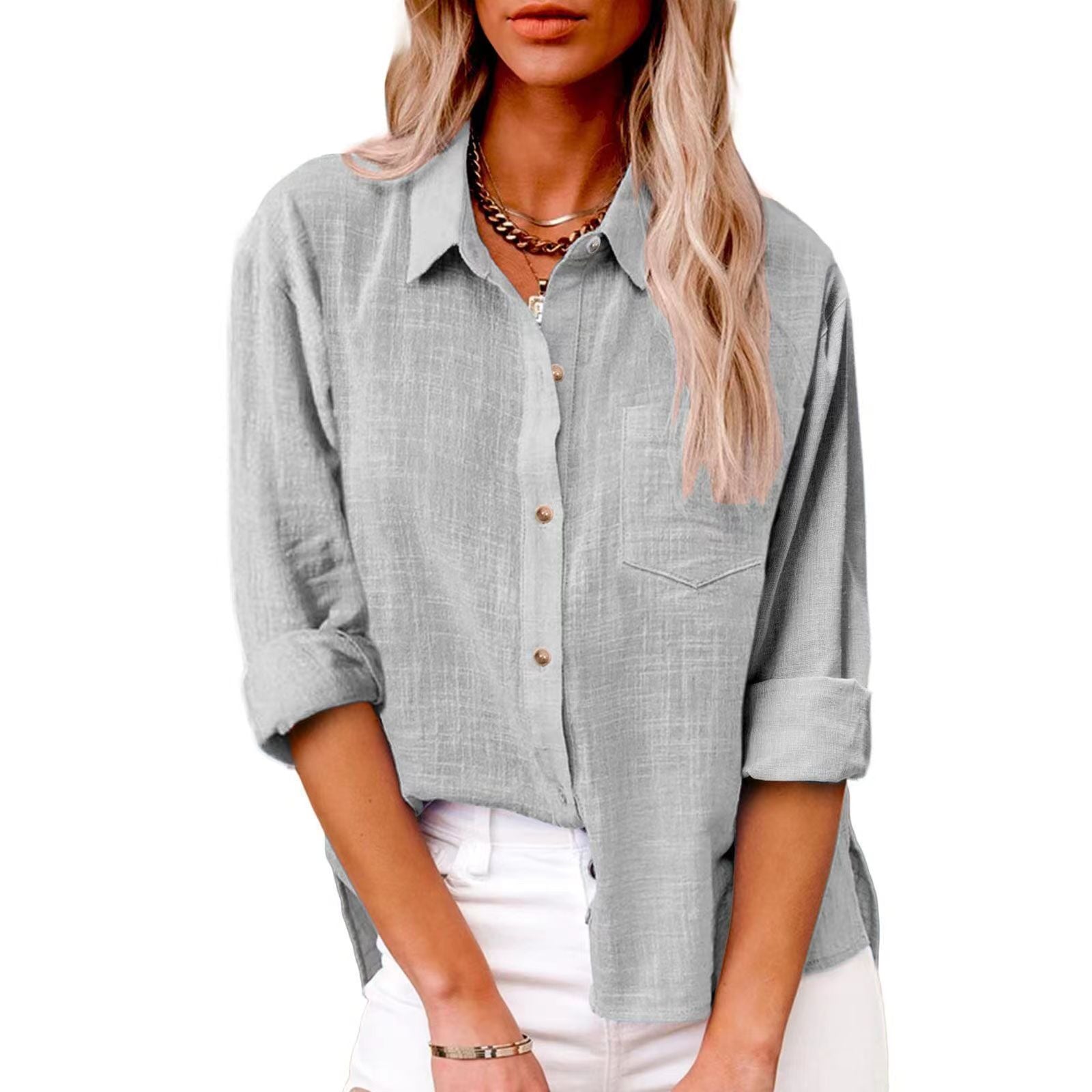 Pocket Split Cotton And Linen Long-sleeved Shirt NorixaFashion.com