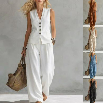 Two-piece V-Neck Sleeveless Vest And Wide Leg Pants For Women Summer Solid-Colored Sleeveless Casual Linen Tank Top And Pants Set NorixaFashion.com