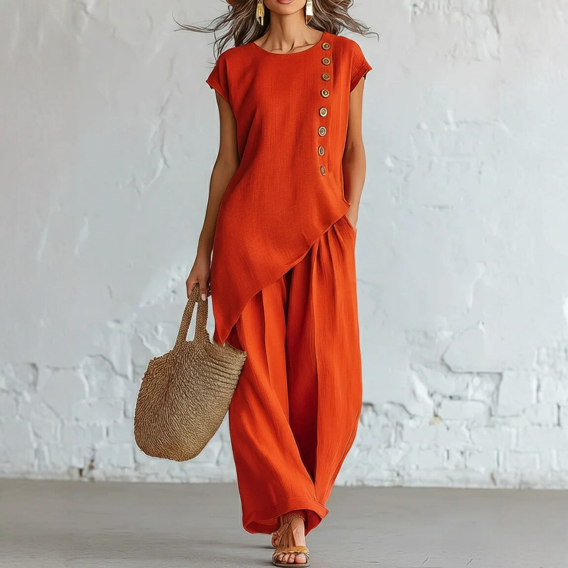 Womens Solid-Color Crew-Neck Buttoned Short-Sleeve Wide-Leg Pants Set NorixaFashion.com