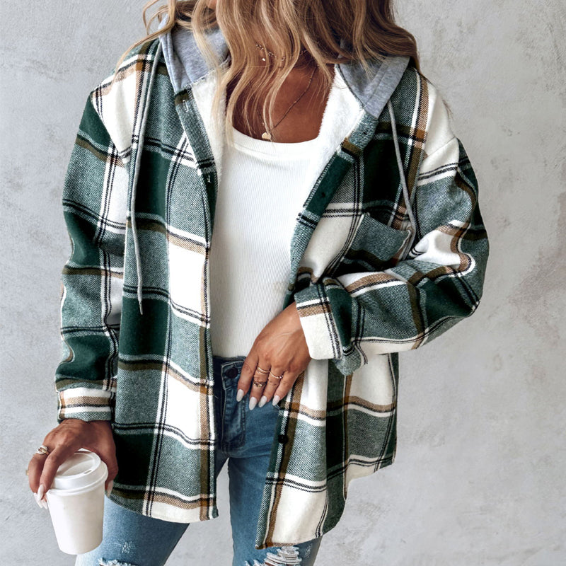 Plaid Hooded Jacket Fashion Casual Button Pocket Coat Autumn And Winter Women's Clothing LuxuryLifeWay Online Store