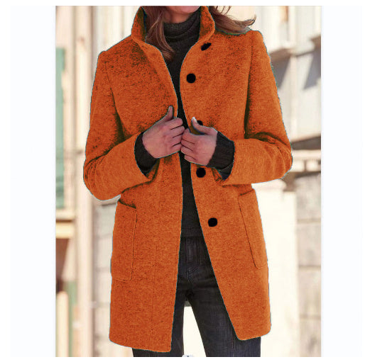 Women's Stand Collar Woolen Coat - Slim Fit Fall and Winter Button Front Trench Coat with Pockets Best YouTube Store