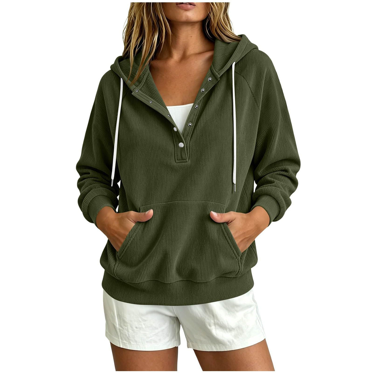 2026 Autumn New Style European Women's Dressy Corduroy Hooded Sweatshirt With Half-Closed Button And Drawstring Loose Top For Women NorixaFashion.com