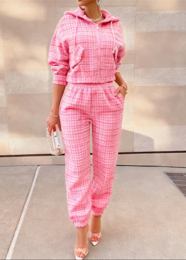 2026 Women's Chanel-style Plaid Hooded Set - High Street Tweed Zip-up Sweatshirt NorixaFashion.com