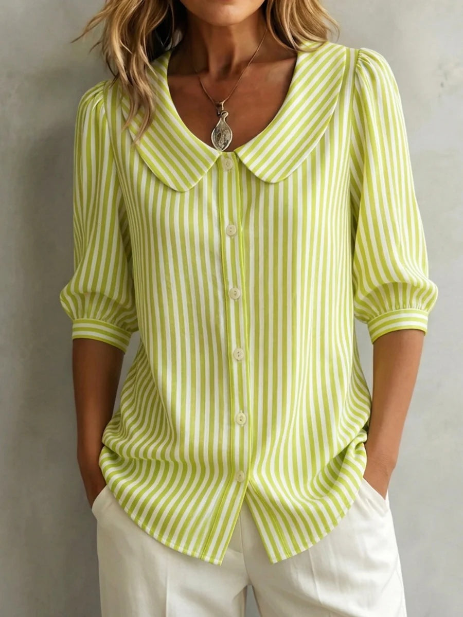Mid-sleeve Striped V-neck Shirt Top T-shirt Womens Clothing LadyShow.Store