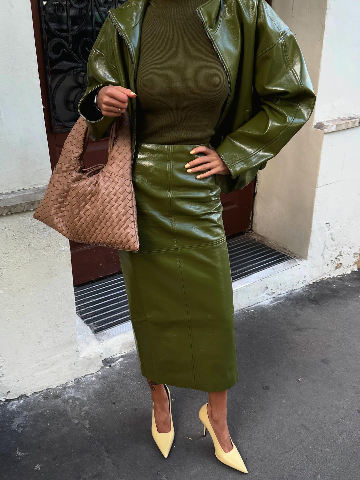 Olive Green Faux Leather Jacket And Midi Skirt Set NorixaFashion.com