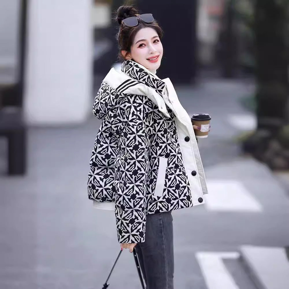 Printed Hooded Down Jacket Women's Short LadyShow.Store