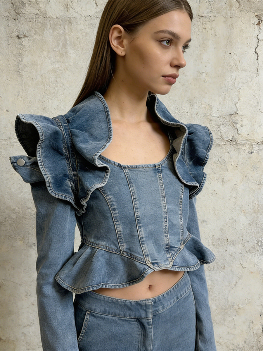 Long-sleeved Cropped Denim Jacket With Ruffled Hem NorixaFashion.com