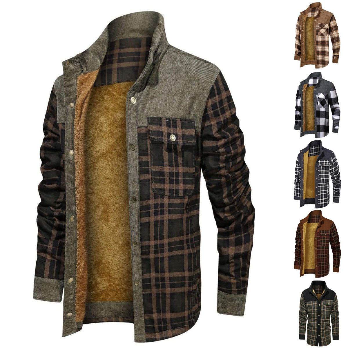 2022 Men's Plus Size Thick Corduroy Plaid Jacket Pi-Mart
