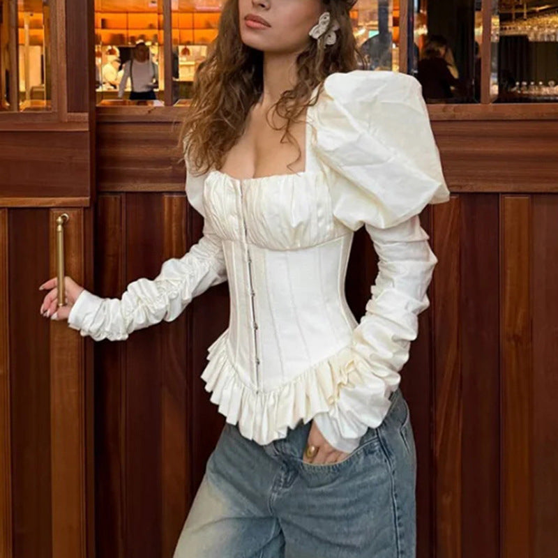 Square Neck Puff Sleeve Corset Peplum Top NorixaFashion.com