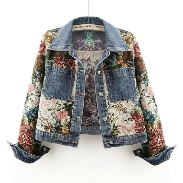 Printed Patchwork Long Sleeve Denim Coat Pi-Mart