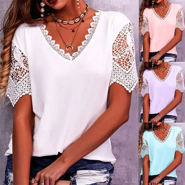 Lace Paneled Loose V-Neck Short Sleeves For Women NorixaFashion.com