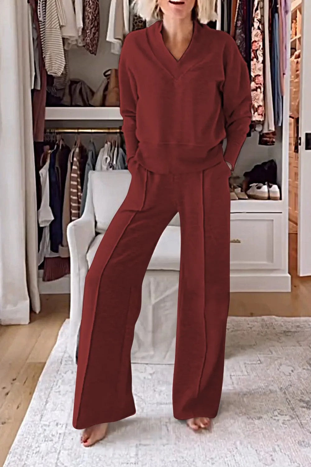 V-neck Long Sleeve Loose Top Wide Leg Pants Two-piece Set NorixaFashion.com