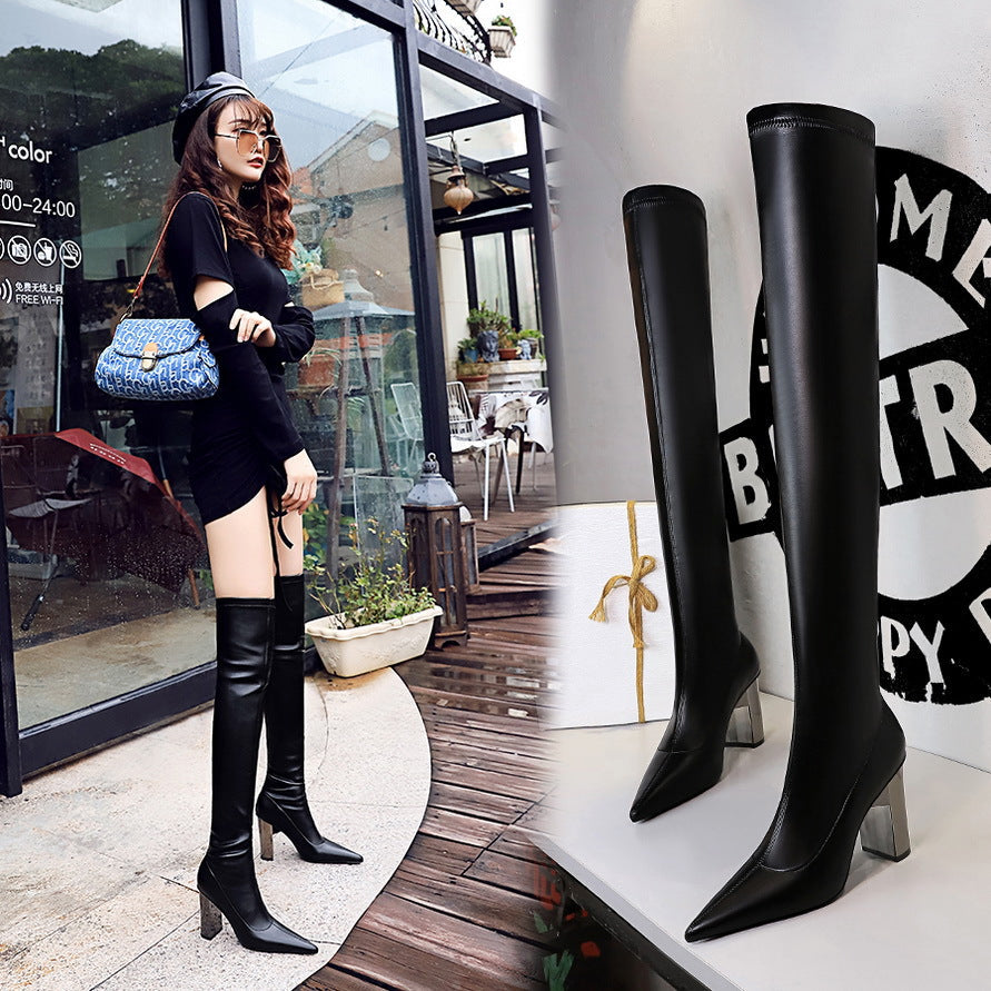 Women Thigh High Shoes  Pointed Toe  Over Knee Boots Square Heels LadyShow.Store