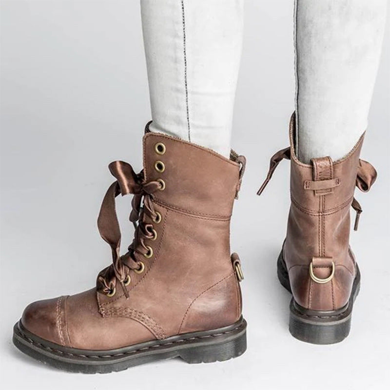 British-style Lace-up Round-toe Flat Ankle Boots For Women LadyShow.Store
