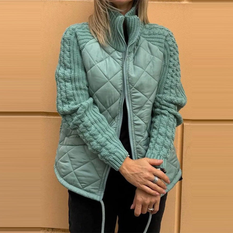 Winter Stand Collar Cotton Jacket With Pockets Fashion Knitted Stitching Zipper Coat Warm Tops For Women Clothing LadyShow.Store