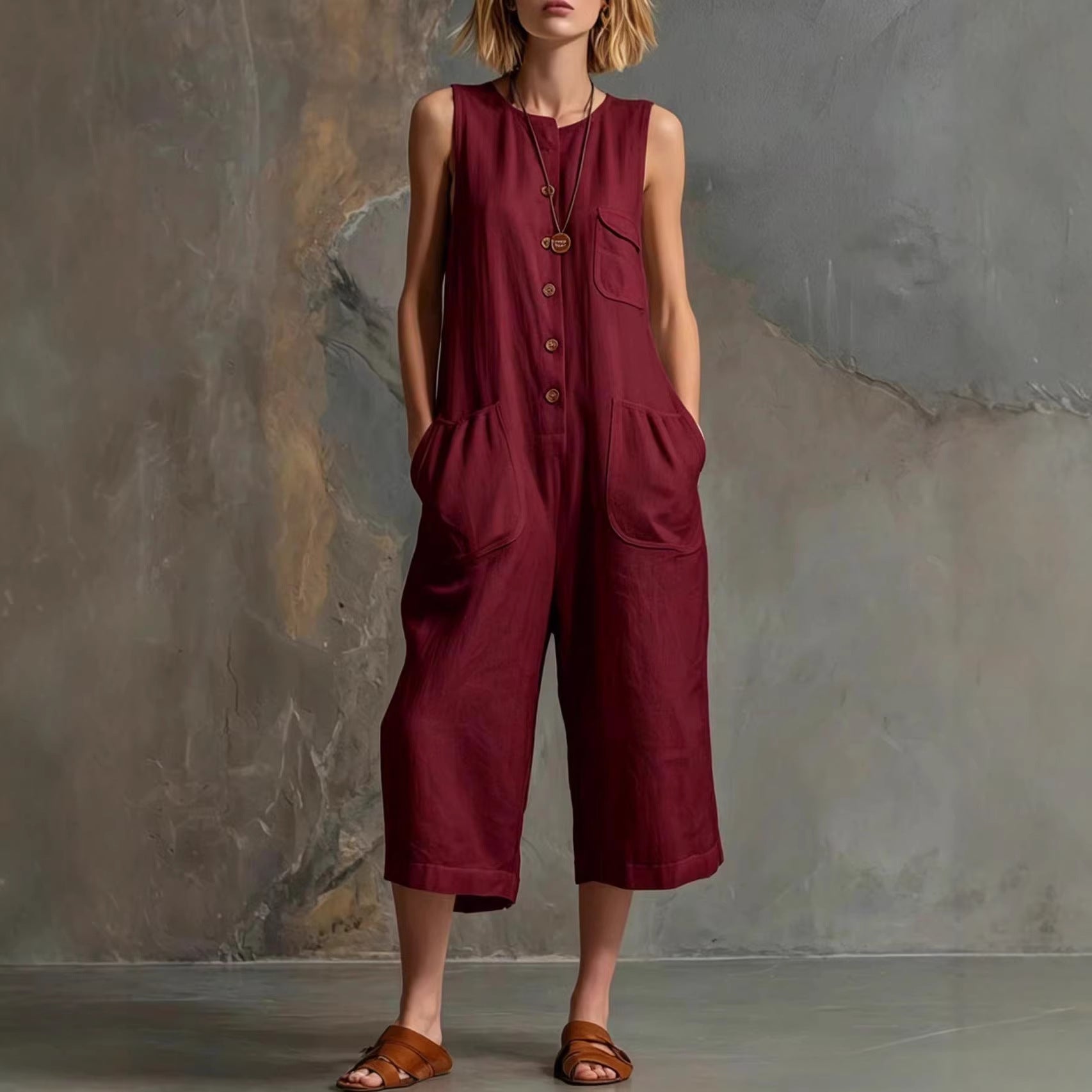 Retro Sleeveless Cotton-Linen Wide-Leg Cropped Jumpsuit LadyShow.Store