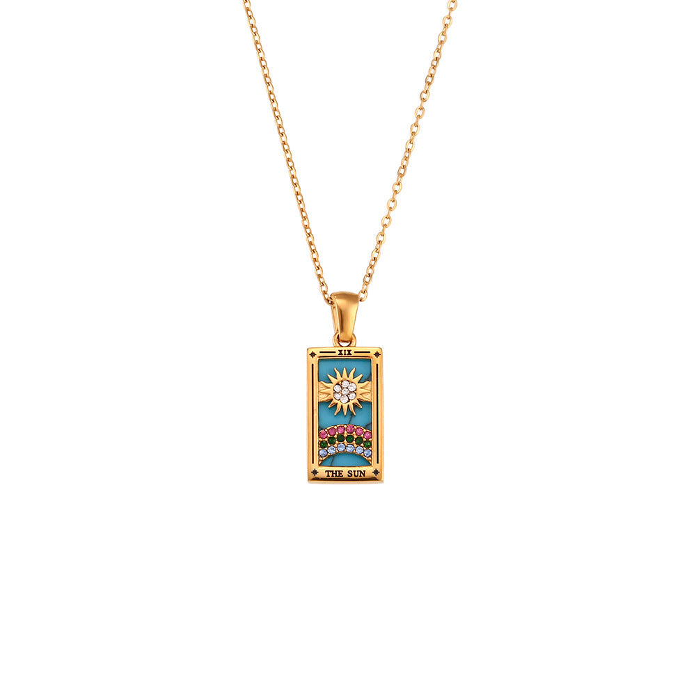 Fashion Tarot Necklace With Rhinestones Diamond Set Pendant Stainless Steel Rectangular Drip Necklace Jewelry CJD2