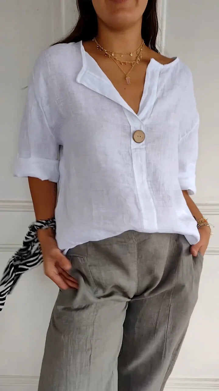V-neck Long-sleeved T-shirt Fashion Loose Cotton And Linen Button Tops For Women NorixaFashion.com