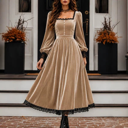 Square-neck Lace-panel Velvet Dress NorixaFashion.com
