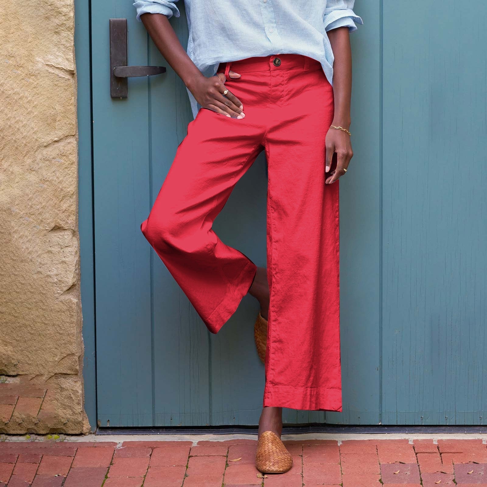 European And American Style High-Waisted Solid Color Cropped Flared Loose Wide-Leg Womens Trousers With Buttons NorixaFashion.com