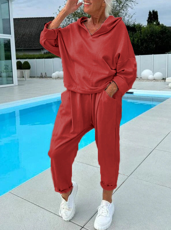 Women's Solid Color Hooded Sweatshirt Two-piece Set LadyShow.Store