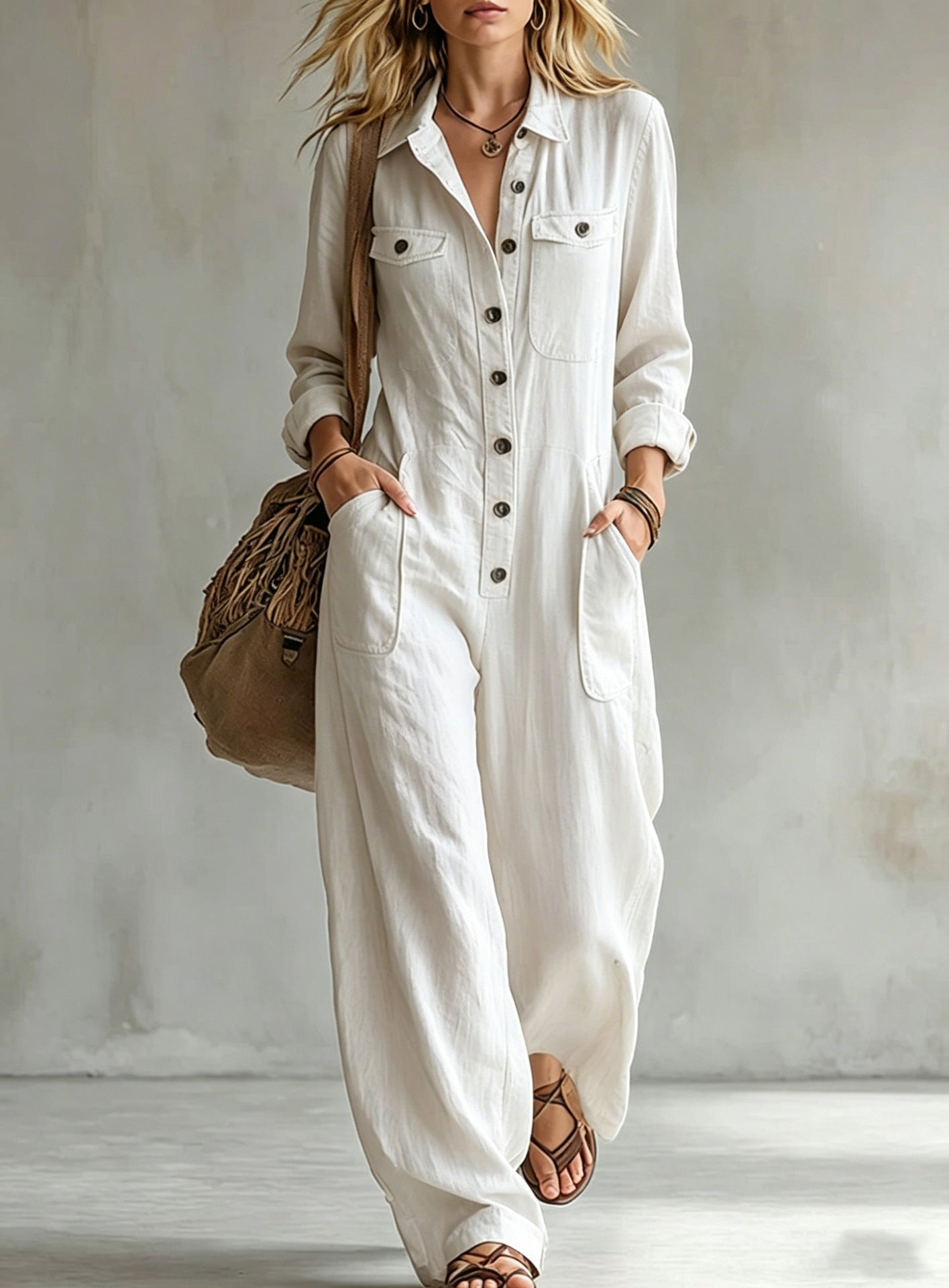 Womens Workwear Linen Casual Jumpsuit NorixaFashion.com