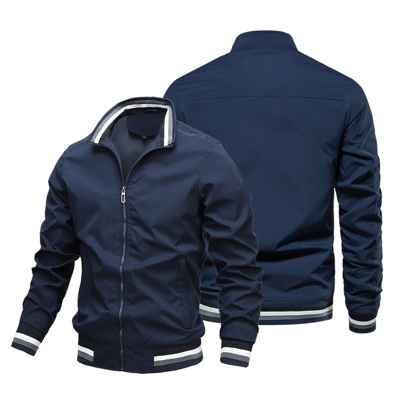 2026 New Men Striped Rib Stand Collar Bomber Jacket Solid Black Zip Up Lightweight Windbreaker Striped Cuff Hem Casual Baseball Coat Outdoor Daily Streetwear Outerwear NorixaFashion.com