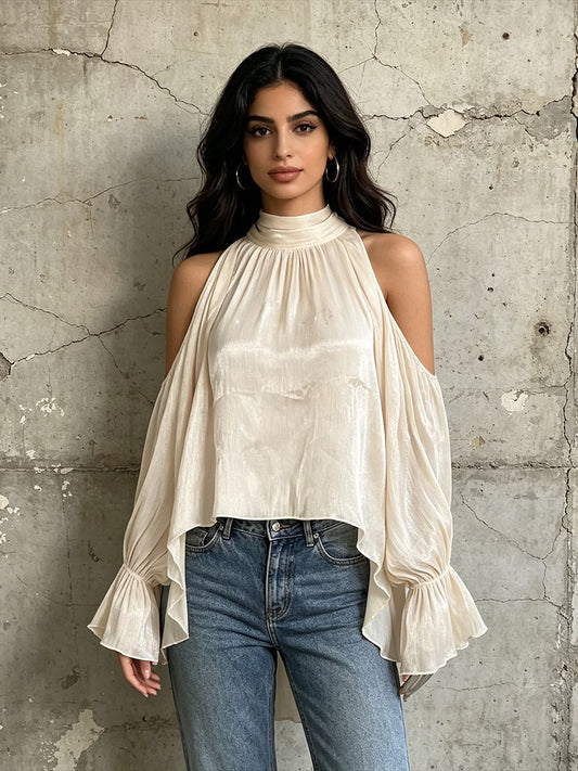 Cream Cold-Shoulder Halter Blouse NorixaFashion.com