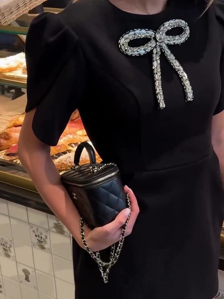 Elegant Rhinestone Bow Petal Sleeve Dress NorixaFashion.com