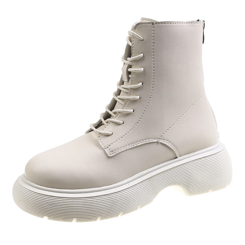 Leather Round Toe Chunky Heel Lace-up Martin Boots LadyShow.Store