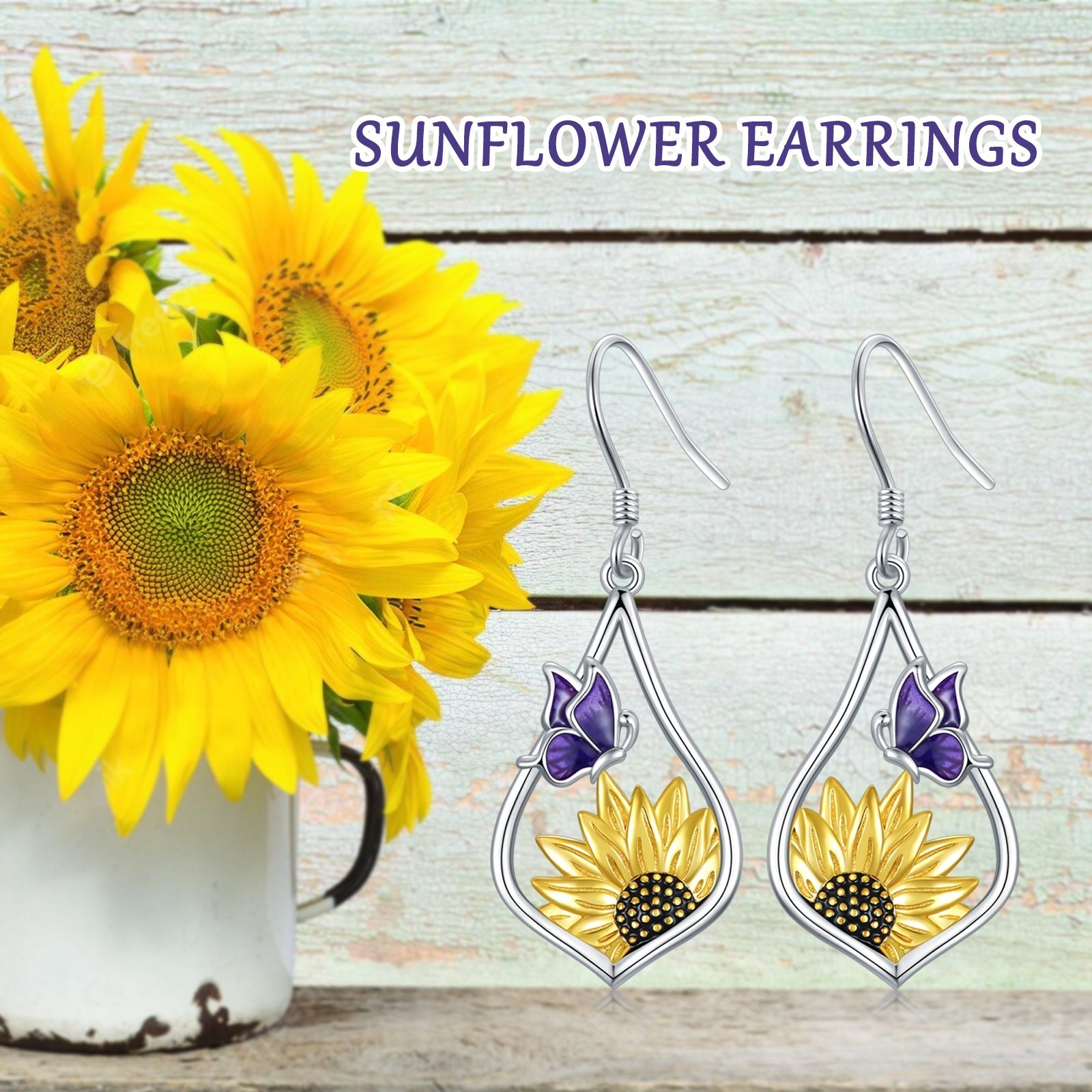Sterling Silver Sunflower Dangle Earrings with Purple Butterfly Gift for Women LadyShow.Store