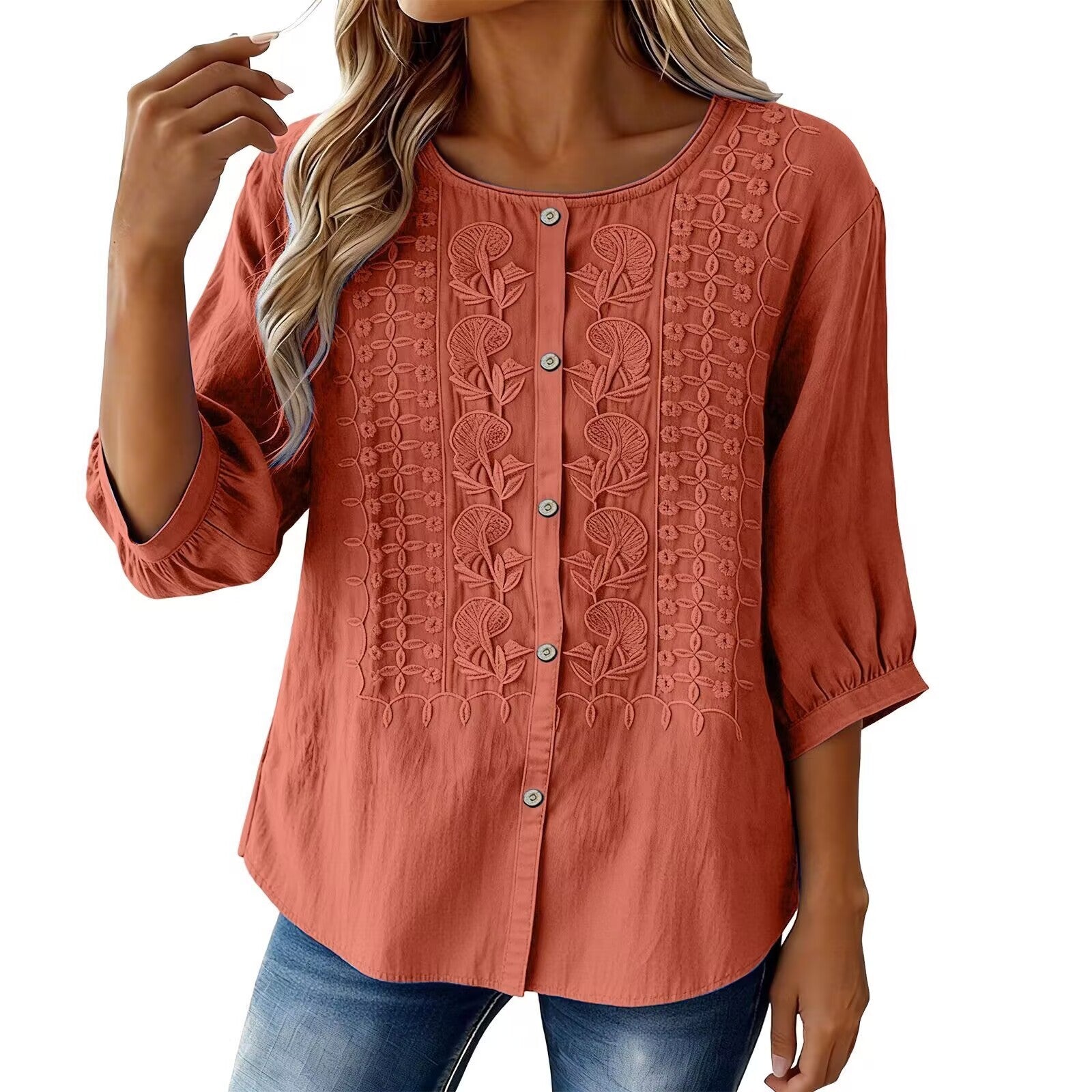 V-Neck Short Sleeve Cotton Linen Shirt, Heavy Embroidery Casual Blouse NorixaFashion.com