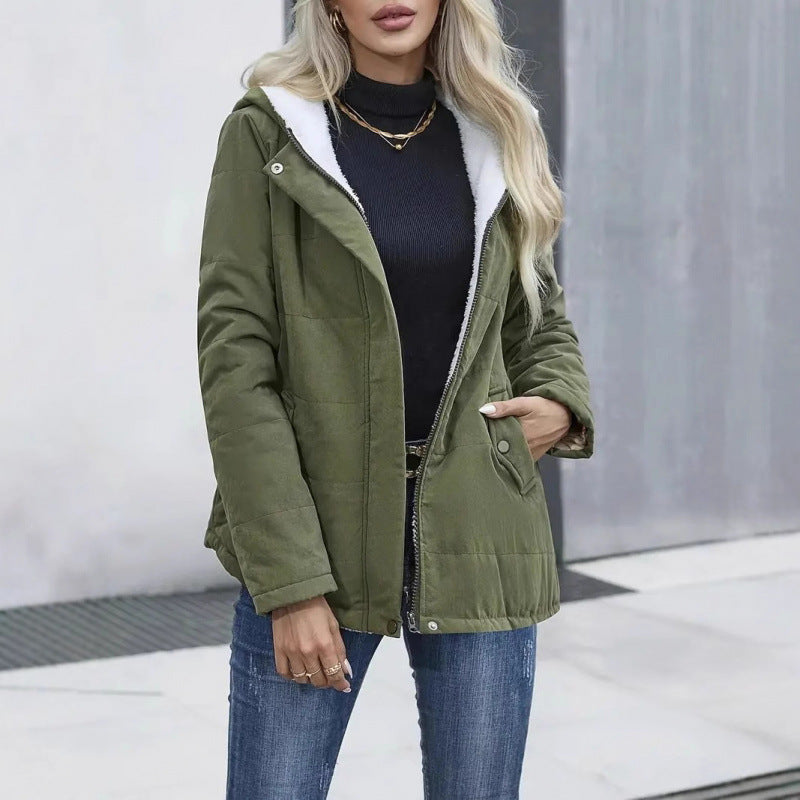 Fleece-lined Hooded Coat Winter Preppy Style Long Sleeve Jacket Warm Pockets Cotton Coat Women's Clothing LadyShow.Store