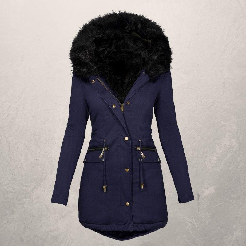Medium Length Hooded Cotton Padded Jacket with Wool Collar Pi-Mart