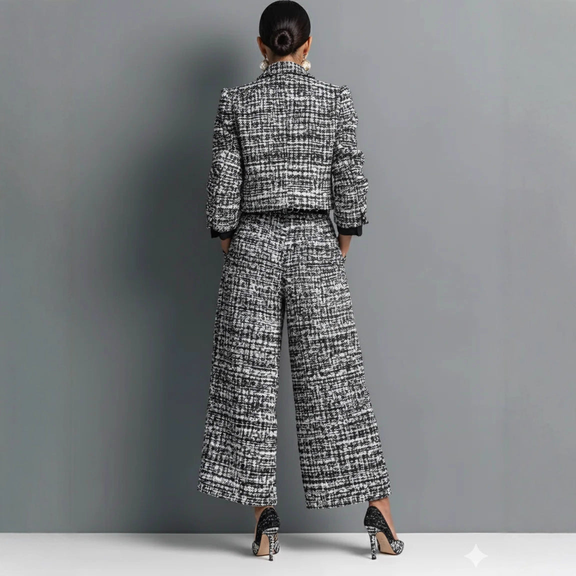 Notched Lapel Slim-fit Women's Long-sleeve Short Top With Wide-leg Pants Set NorixaFashion.com
