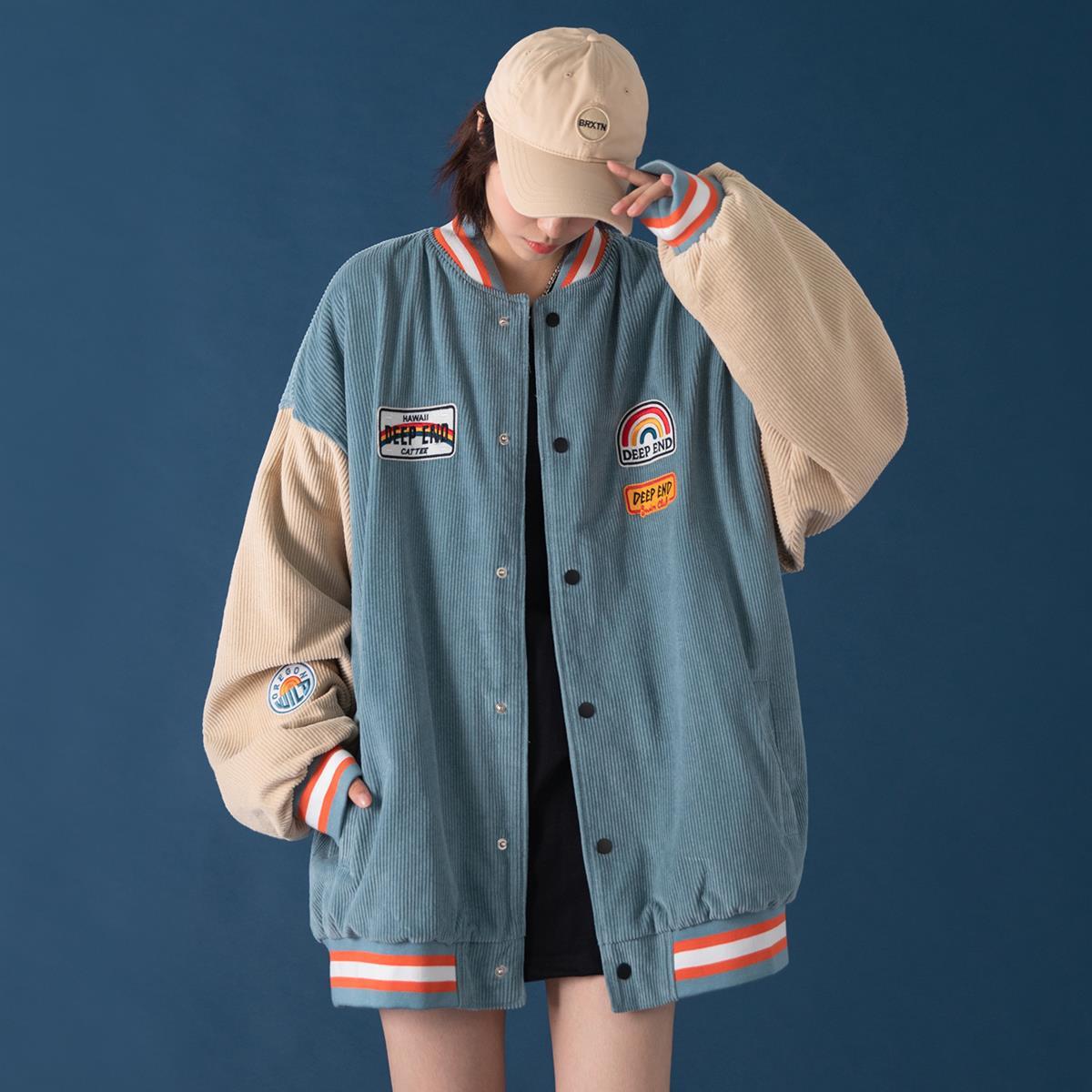 Men's Loose Color-block Corduroy Baseball Jacket Pi-Mart