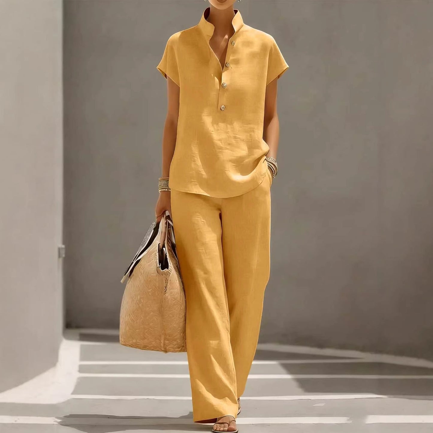 Casual Lazy-Style Cardigan Short-Sleeve Pants Solid-Color Set NorixaFashion.com