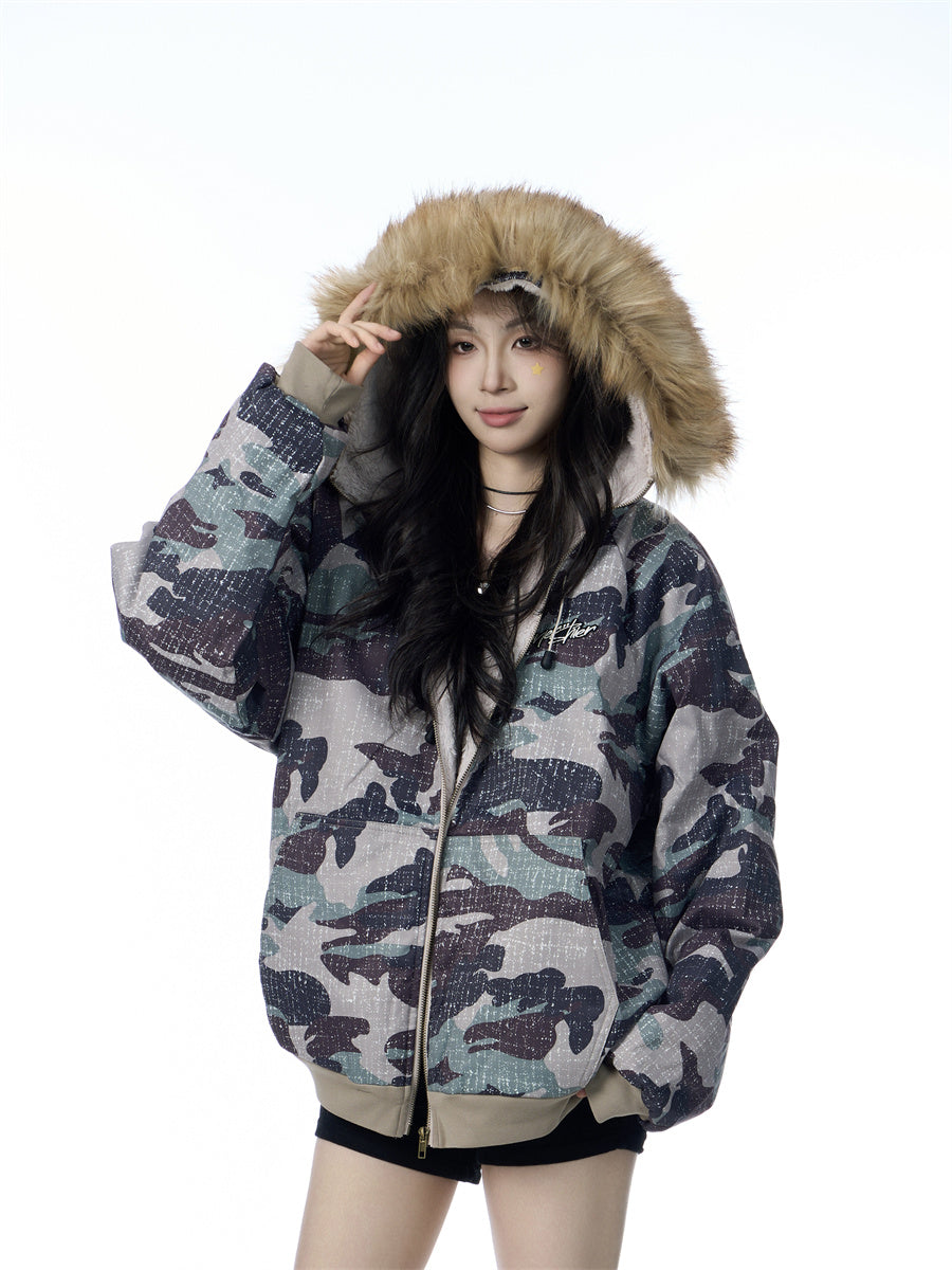 American Vintage Army Green Camouflage Fur Collar Hood Jacket